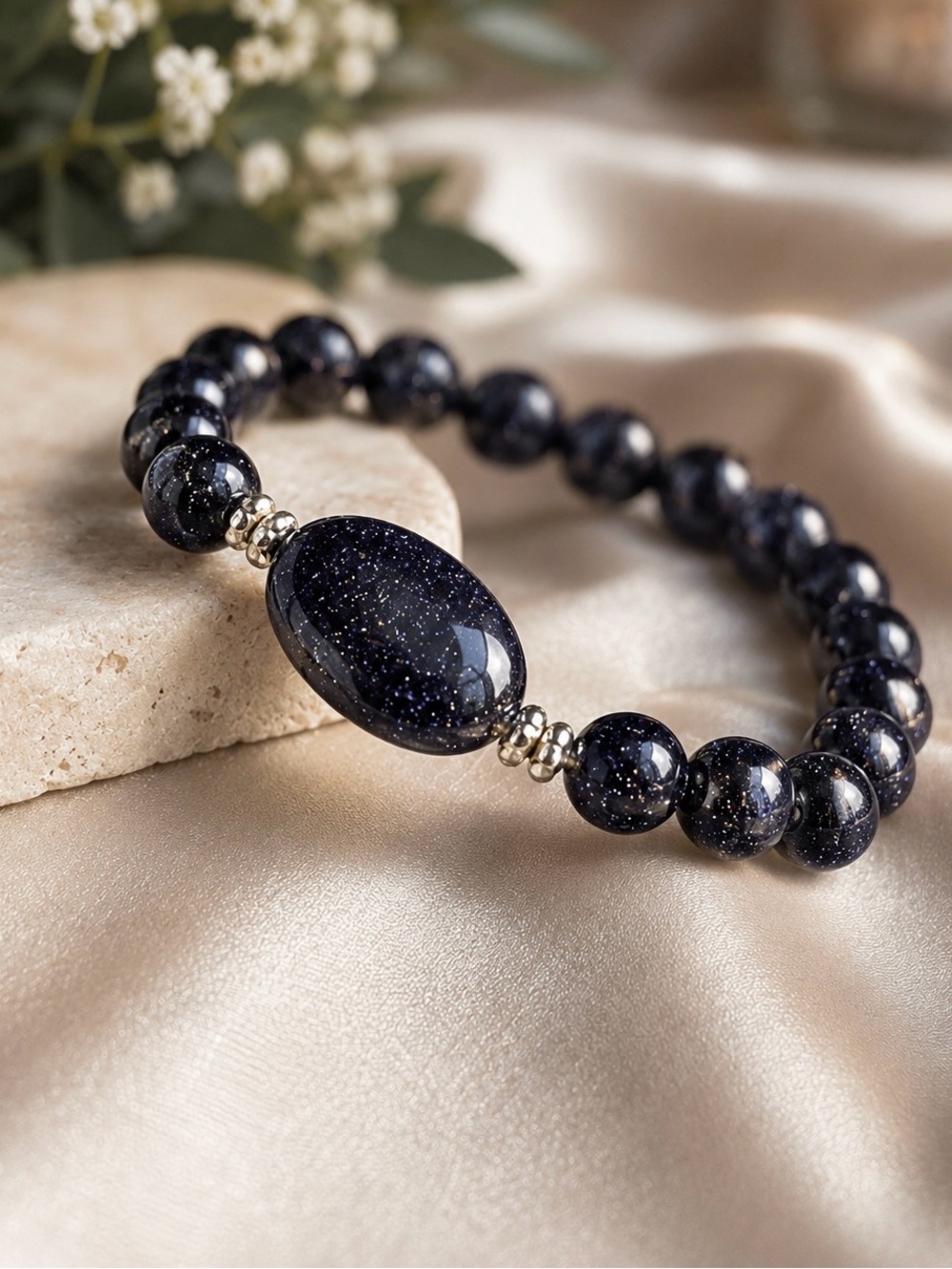 Navy Blue sandstone beaded stretchy bracelet w/silver accents